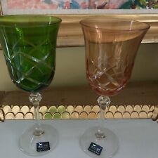 Cut Crystal Wine Glasses Goblets Colored Le Stelle Italy New Set Of Two (2)