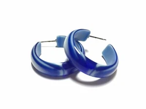 Cobalt Blue and White Marbled Agate Vintage Lucite Hoop Earrings - Picture 1 of 6