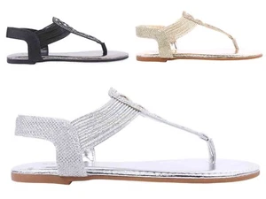 BAMBOO 3 Color Rhinestones Slip On Only Strappy Sexy T-Strap Women Sandals Flats - Picture 1 of 19