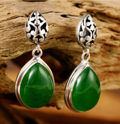 D11 Orecchini a Farfalla Gocce Motivo a Rami Agata Verde 925 Argento Sterling - Immagine 1 di 3