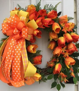 WREATHS SPRING SUMMER MOTHER'S DAY DOOR WALL DARK CORAL TULIPS WREATH HANDMADE - Picture 1 of 7