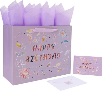 13'' большой Happy день рождения подарочная сумка комплект с ручками, поздравительная открытка, фиолетовый выпуск - Изображение 1 из 4
