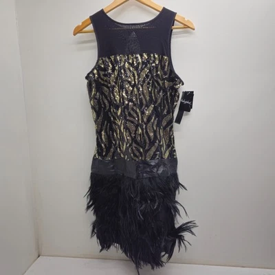 Baby Phat Sequin Flapper Dress Black Gold Feather Trim Sleeveless Size L NWT - Image 1 of 4