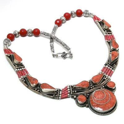 Collar Coral Rojo Tibetano Plata Dije Cuentas Hecho a Mano Joyería Baho 18" NN 3523 Foto 1 de 4