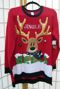 Neu mit Etikett Gr. 1X (16W) HOLIDAY TIME RENTIER M. GLOCKEN PULLOVER 100% ACRYL - SPASS! - Bild 1 von 4