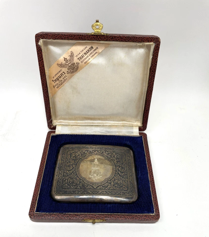 Estuche de cigarrillos Siam Nielloware 1962 vintage de plata esterlina, Thai Nakon USN Foto 1 de 4