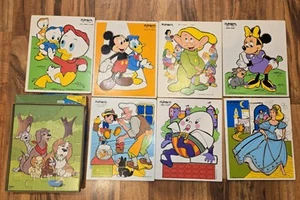 Vintage Playskool Wooden Puzzle Lot 8 Disney Mickey Minnie Cinderella Pinocchio - Picture 1 of 10