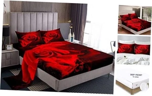Red Rose Bed Sheets,Romantic Flowers Fitted Sheet for Girls Queen Rose 03 - Picture 1 of 5