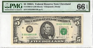 1988A $5 FRN Cleveland PMG 66EPQ DB Block Fr. 1980-D - Picture 1 of 2