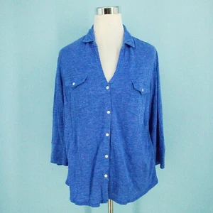 J. McLaughlin Gr. XL blau Kragen V-Ausschnitt Knopf 3/4 Arm Leinenmischung Top - Bild 1 von 6