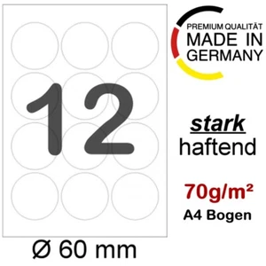 100 A4 Blatt 1200 runde Etiketten Ø 60mm weiss 6cm Sticker selbstklebend L3416 - Bild 1 von 3