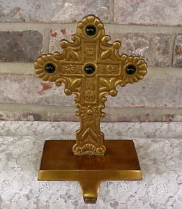 Vintage Brass Cross Stocking Holder Hanger 7" T Green Rhinestones Mantel Holiday - Picture 1 of 10