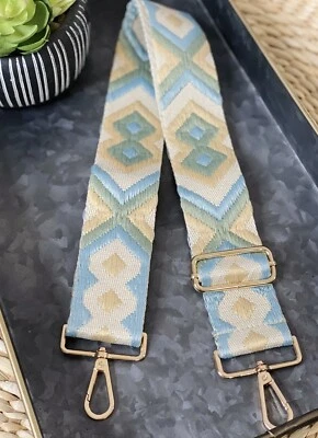 Correa azteca bordada salvia, azul claro, crema - herrajes dorados Foto 1 de 4