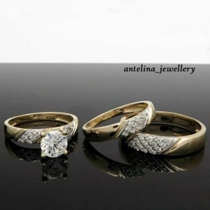 1.15 CT Real Moissanite Round Cut Wedding Trio Ring Set 14k Yellow Gold Plated - Picture 1 of 6