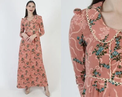 Vestido Vintage Años 70 Cottagecore Estampado Lazo Floral Cinta Crochet Cuello Boho Maxi 9 Foto 1 de 4
