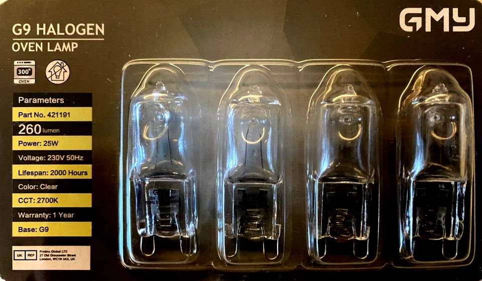 GMY G9 Oven Bulb Lamp Cooker Appliance 25w 230v 2000 Hour Lifespan D Energy X 4 Pack