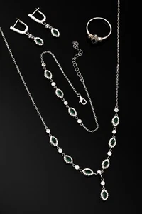 Women Jewelry Set Emerald Stone 925 Sterling Necklace Bracelet Earring Ring - Picture 1 of 15
