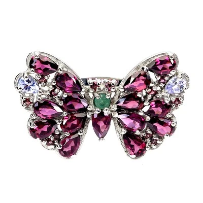 925 Sterlingsilber Ring Birne Rhodolith Smaragd Tansanit Edelstein Butterfly Sz - Bild 1 von 4