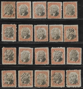 US, used, 20 copies of R135 2ct Washington revenue stamps w/1872 hand cancel - Picture 1 of 1