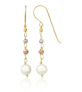 14K Solid Two Tone Gold Freshwater Cultured Pearls Dangle Earrings - Picture 1 of 11
