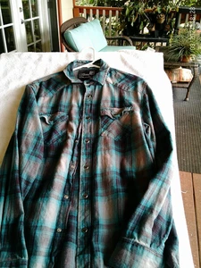 Elixir Western Flannel Shirt Mens Large Blue Black Plaid Long Sleeve Pearl Snap - Picture 1 of 8