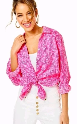 Camisa Lilly Pulitzer Vista Mar Lino Abotonada M Aura Rosa Guinga Floral $118 Foto 1 de 4