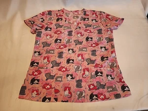 Divine Stretch Pink With Grey Kittens Scrub Uniform 3 Pocket Large - Picture 1 of 10