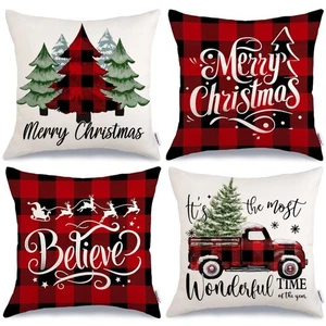 Merry Christmas Throw Pillow Covers 18x18 Inch Set of 4, Xmas Trees Truck Buf... - Picture 1 of 8