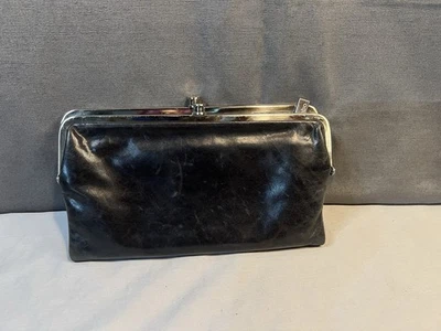 Cartera sin asas Hobo de colección cuero negro doble marco Kisslock cosido forrado Lauren Foto 1 de 4