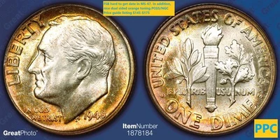Rare 1948 Dime MS-67 Full Bell Lines (FB). Early date high gradRoosevelt -Toned - Image 1 of 3