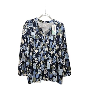 NWT Lands' End Womens 2X Blouse Top L/S Elastic Cuffs Stretch Floral Pintucking - Picture 1 of 12