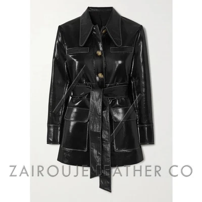 Abrigo de charol negro para mujer, chaqueta de lujo con botones de palangre brillante con cinturón Foto 1 de 4