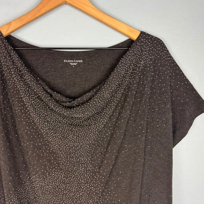 Eileen Fisher Women's L Gray Embellished Droopy Neck Short Sleeve Tunic Shirt - Image 1 of 4