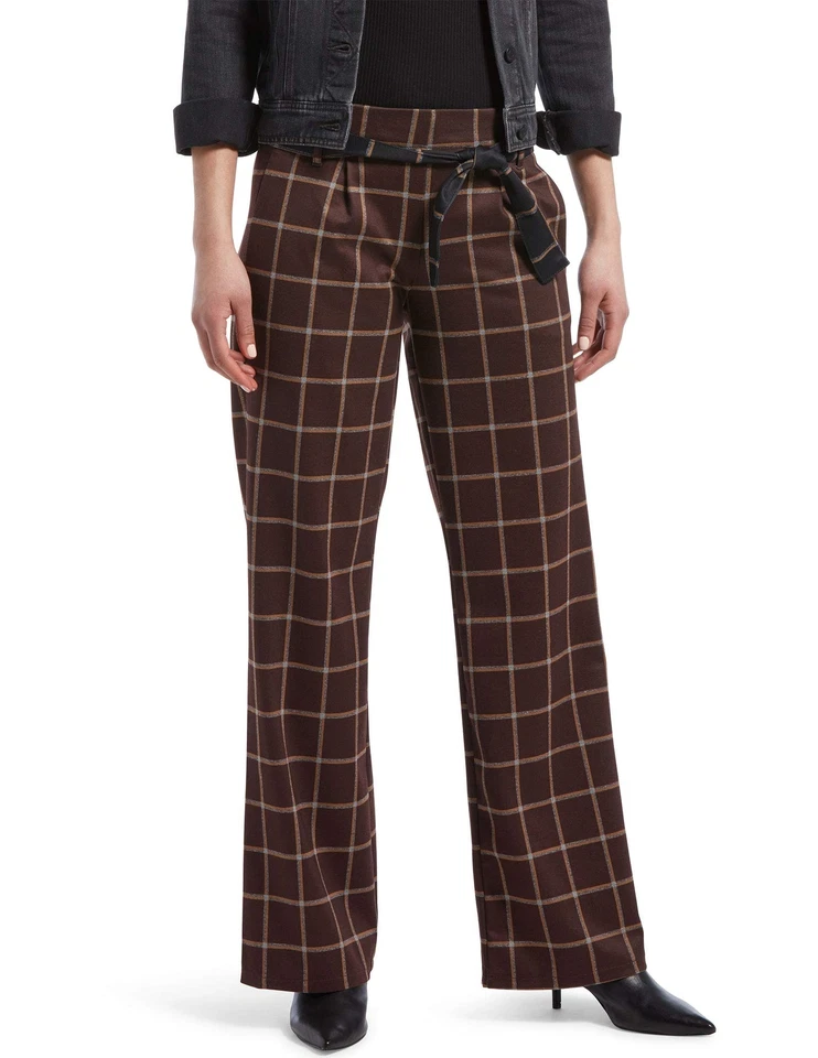 HUE 294003 Women's Plaid Belted Wide Leg Pants, Brown, Size M - Image 1 of 3