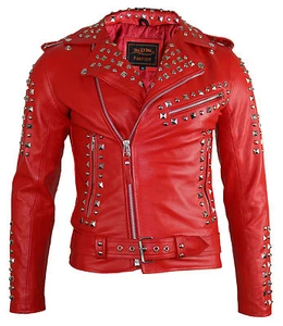 Herren Lederjacke Nietenverzierung Motorrd Biker Rocke Jacke Rockerilly Leder - Bild 1 von 5