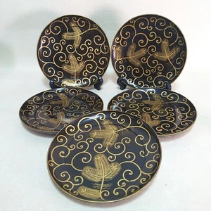 Japanese Lacquer Wooden Plate 8.07inch 5pcs Maki-e Karakusa Design Tea ceremony - Picture 1 of 10