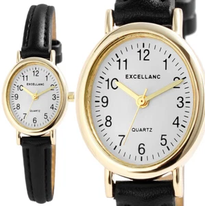 kleine Damenuhr Frauen Armbanduhr Oval Schwarz Gold Kunstleder 19/265 Excellanc