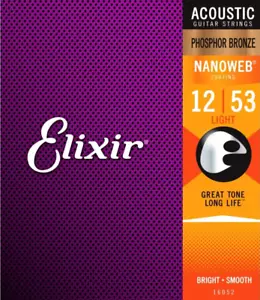 Elixir Acoustic Guitar Strings Nanoweb Phosphor Bronze 12-53 + 6 Guitar Picks - Picture 1 of 2