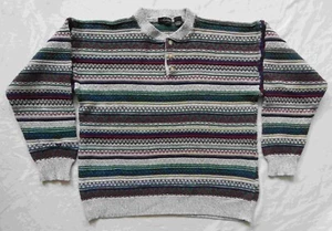 Green White Red Striped Henley Neck Sweater - Large Mens Pullover Cotton Vtg - Picture 1 of 7