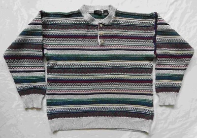 Green White Red Striped Henley Neck Sweater - Large Mens Pullover Cotton Vtg - Image 1 of 4
