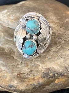 Kingman Turquoise 2 Stone Navajo Sterling Silver Ring Size 10.5 14171 - Picture 1 of 12