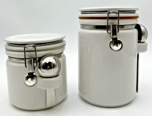 (2) BEE HOUSE JAPAN WHITE CANISTERS 8" & 5-3/4" WITH SPOONS - Picture 1 of 11