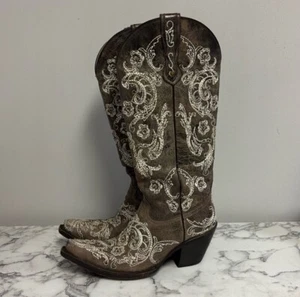 Corral Snip Toe braune Cowgirl-Stiefel weiß Blumenstickerei Westernkleidung Damen 6 - Bild 1 von 7