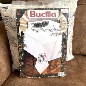 Bucilla DOVES & HOLLY Stamped Embroidery Christmas Tablecloth Kit 60x90" NEW - Picture 1 of 3