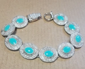 Vintage Silver Tone Metal Turquoise Enamel Oval Link Bracelet Fashion Costume - Picture 1 of 10