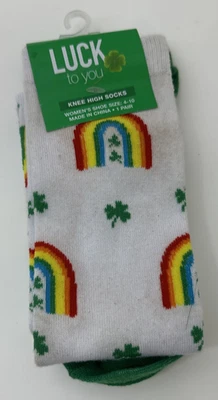 Luck To You новый с Ярлыками женские колена носки Sz 4-10 Rainbow 4 листа клевер читать диск - Изображение 1 из 4
