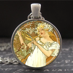 Alphonse Mucha Enmarcado Arte Impresión Colgante Collar Mini Art Nouveau Temporadas Primavera - Imagen 1 de 3