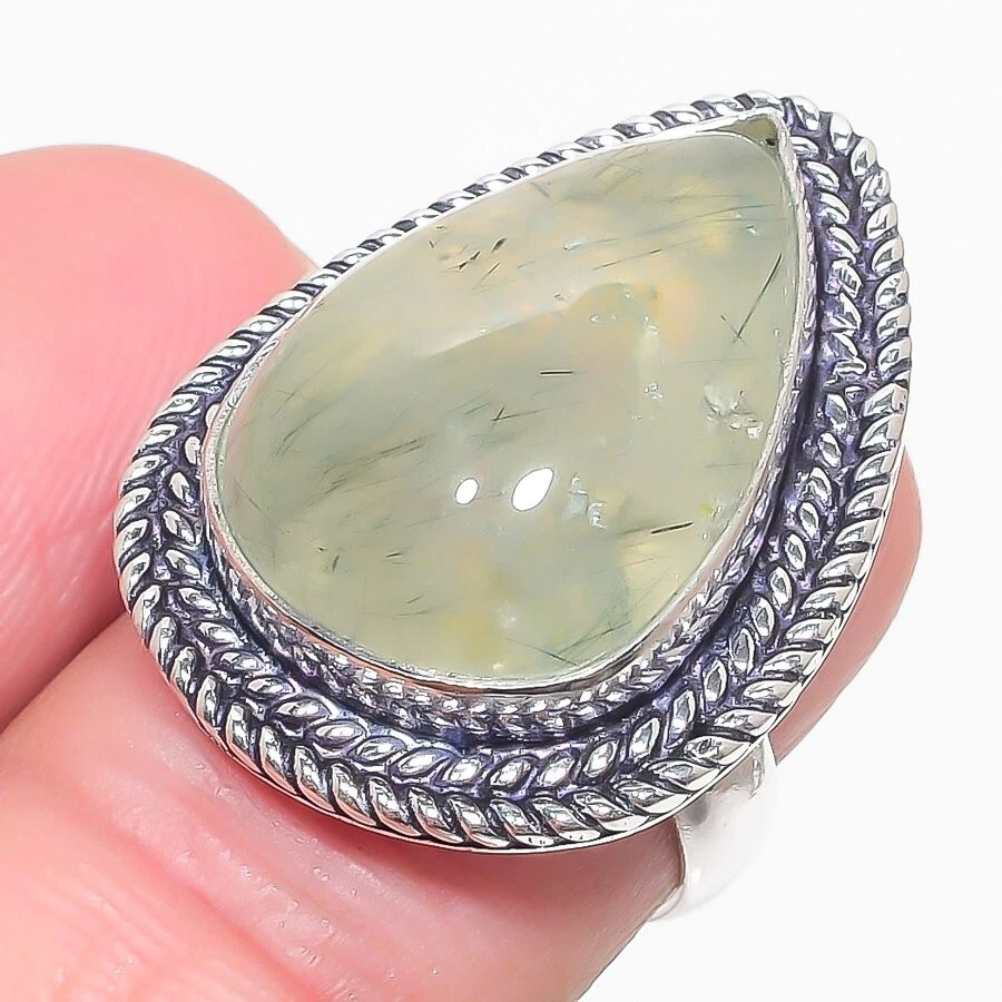 Anillo de joyería de plata de ley 925 con piedras preciosas de prehnita verde natural talla 7 (EE. UU.) Foto 1 de 1