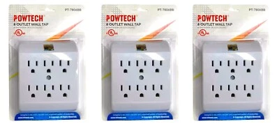 POWTECH 3 Pack 6 Outlet Grounded Electrical 6-Way Wall Plug AC Power Splitter Adapter