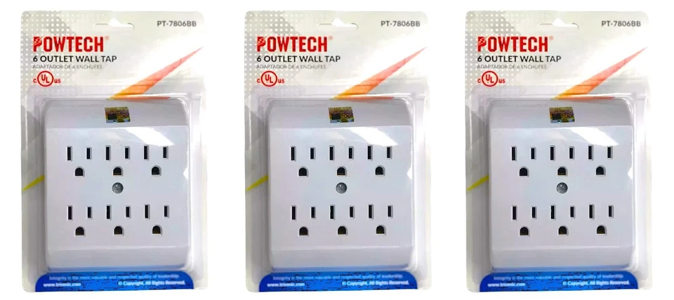 POWTECH 3 Pack 6 Outlet Grounded Electrical 6-Way Wall Plug AC Power Splitter Adapter